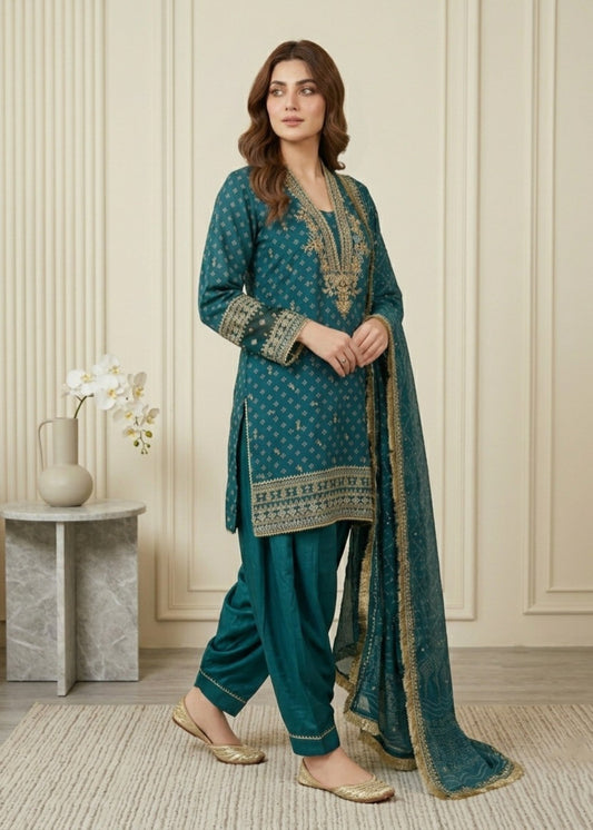Pakistani Designer Teal Chiffon Salwar Kameez Online in KSA Riyadh Saudi Arabia Oman Bahrain Qatar