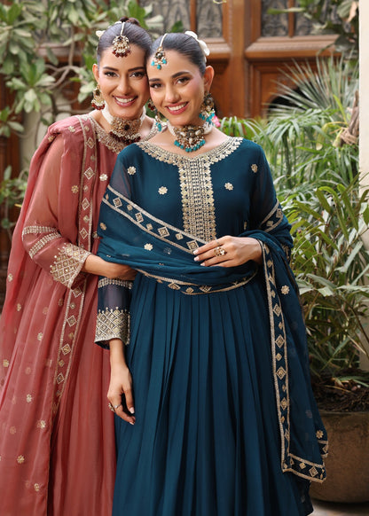 Pakistani Designer Teal Chiffon Salwar Kameez Online in KSA Riyadh Saudi Arabia Oman Bahrain Qatar
