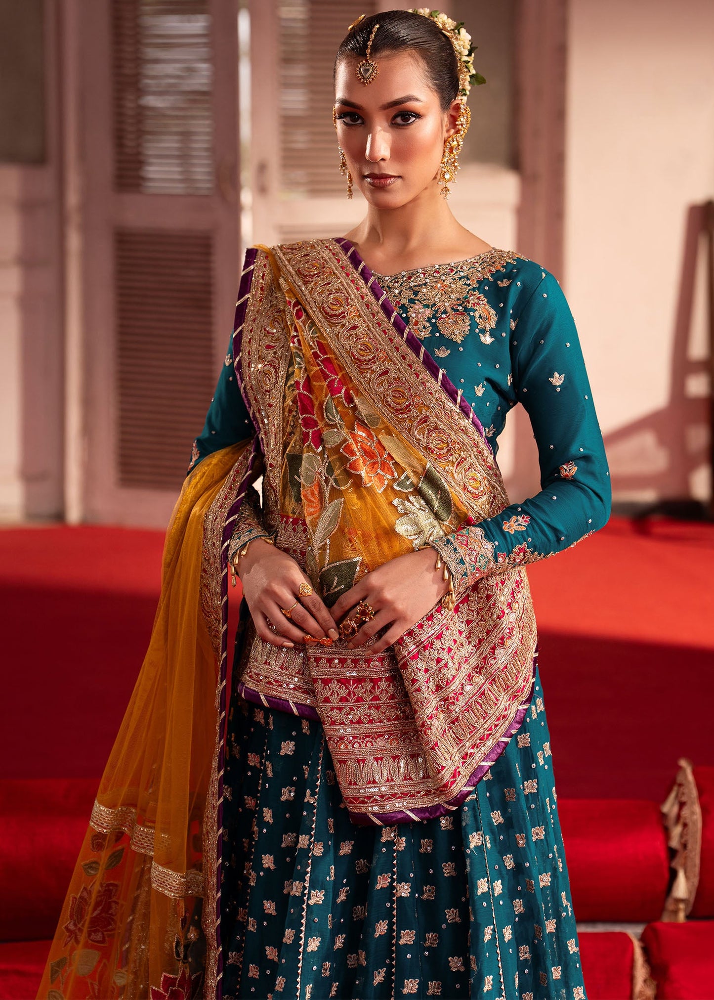 Pakistani Designer Teal Chiffon Salwar Kameez Online in KSA Riyadh Saudi Arabia Oman Bahrain Qatar