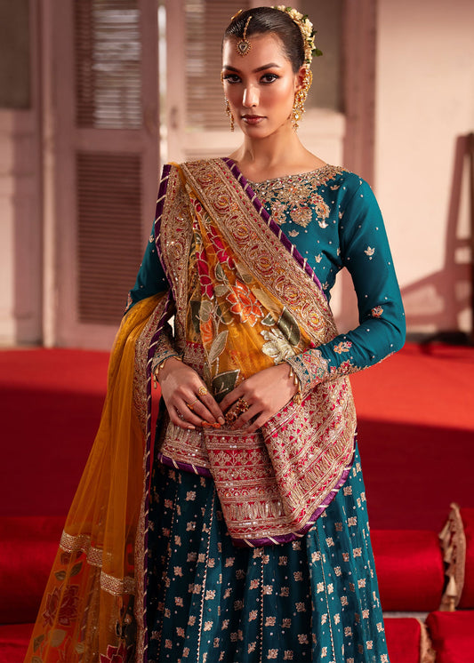 Pakistani Designer Teal Chiffon Salwar Kameez Online in KSA Riyadh Saudi Arabia Oman Bahrain Qatar