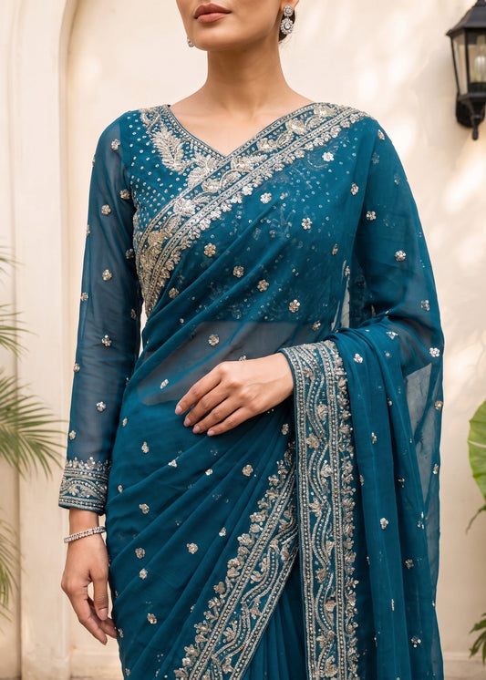 Pakistani Designer Teal Chiffon Saree Online in KSA Riyadh Saudi Arabia Oman Bahrain Qatar