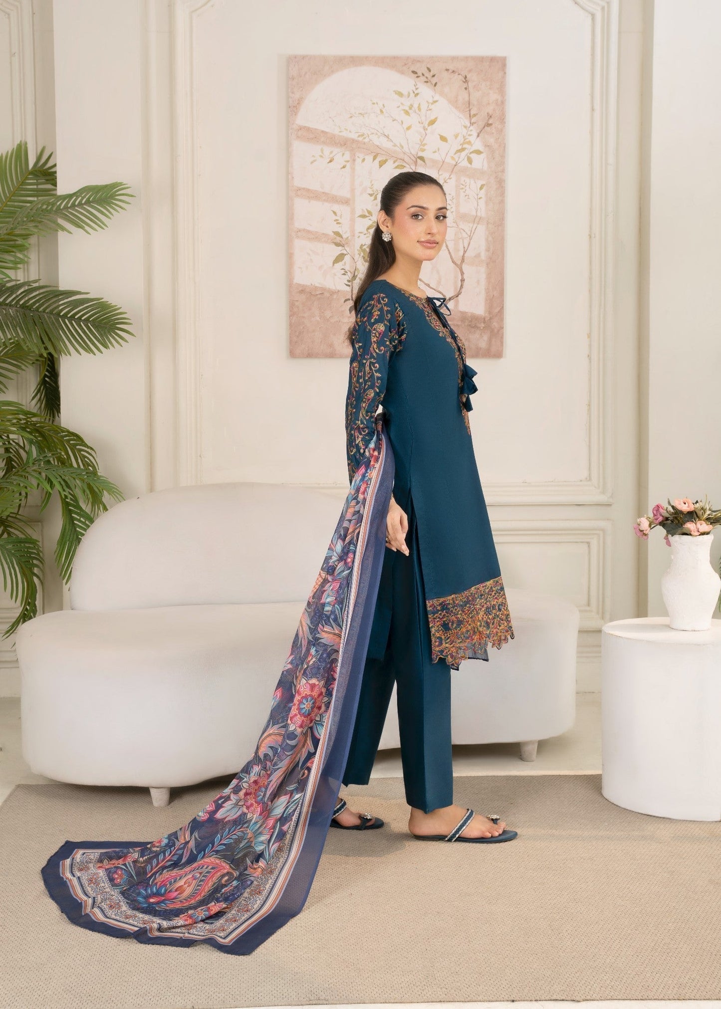Pakistani Designer Teal Cotton Salwar Kameez Online in KSA Riyadh Saudi Arabia Oman Bahrain Qatar