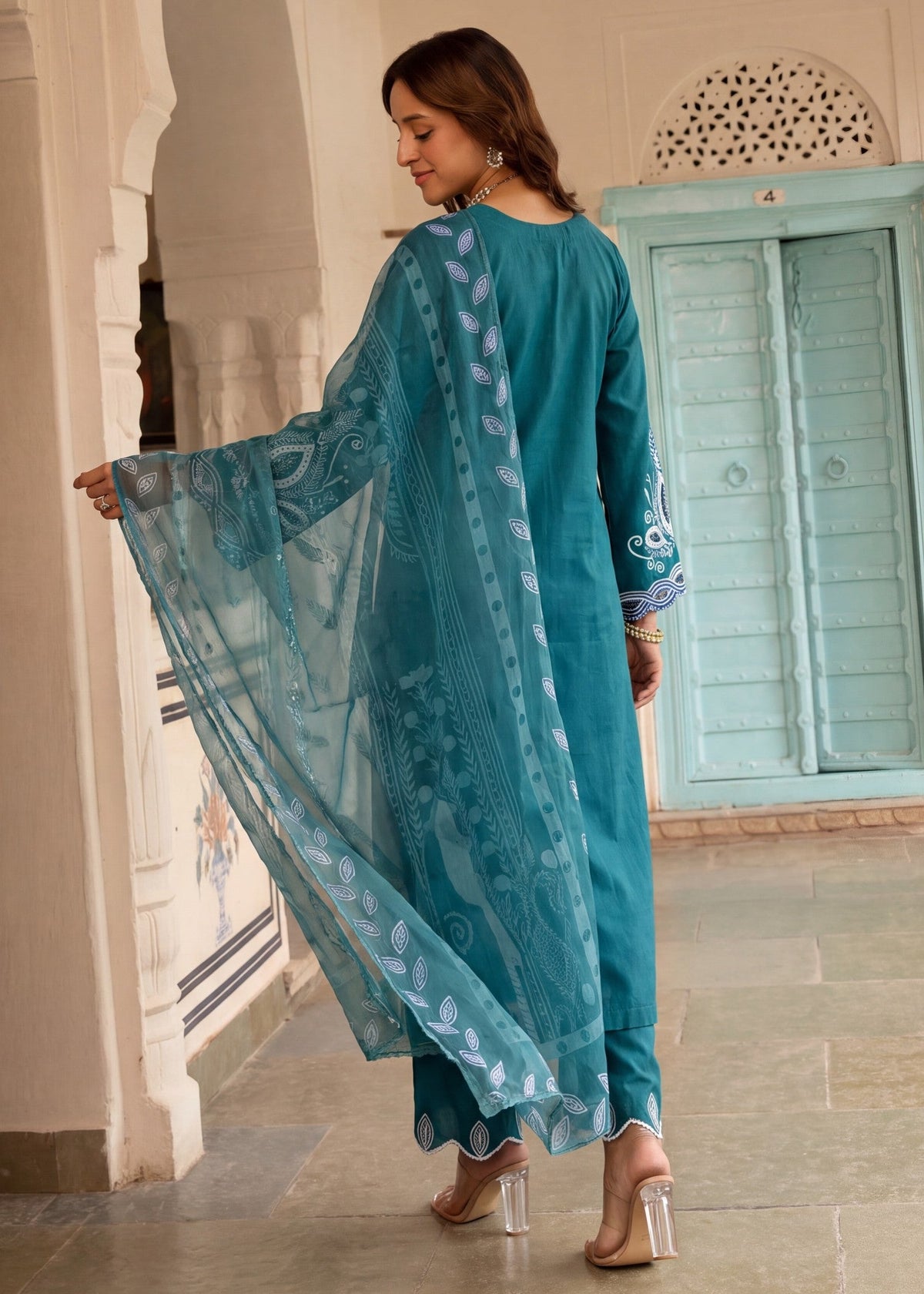 Pakistani Designer Teal Cotton Suit Online in KSA Riyadh Saudi Arabia Oman Bahrain Qatar