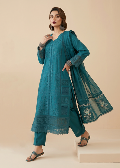 Pakistani Designer Teal Embroidered Lawn Salwar Kameez Online in KSA Riyadh Saudi Arabia Oman Bahrain Qatar