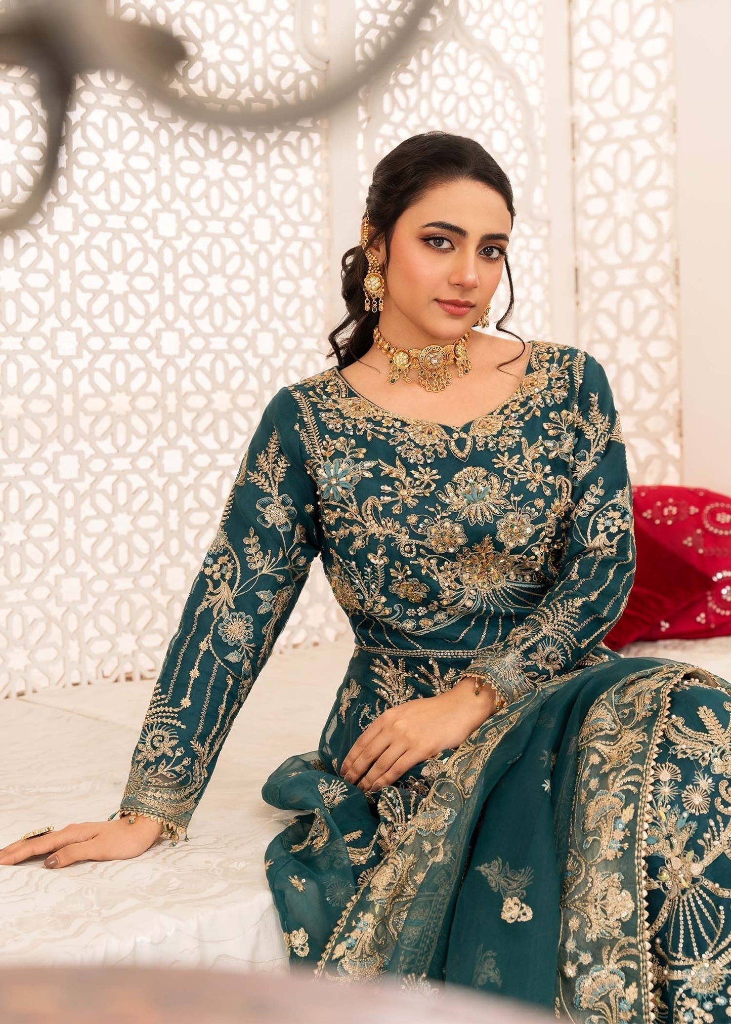Pakistani Designer Teal Green Organza Salwar Kameez Online in KSA Riyadh Saudi Arabia Oman Bahrain Qatar