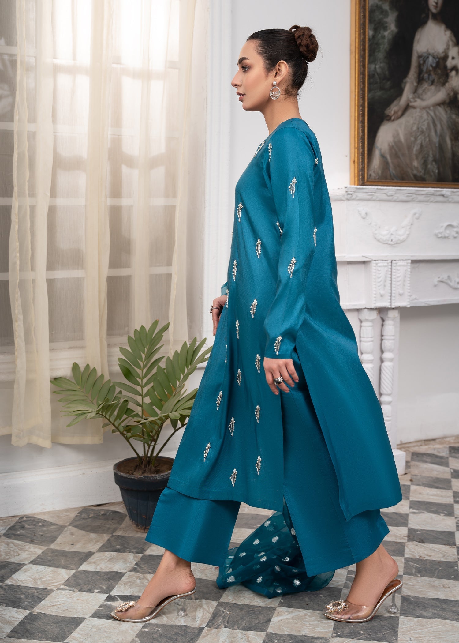 Pakistani Designer Teal Kattan Silk Salwar Kameez Online in KSA Riyadh Saudi Arabia Oman Bahrain Qatar