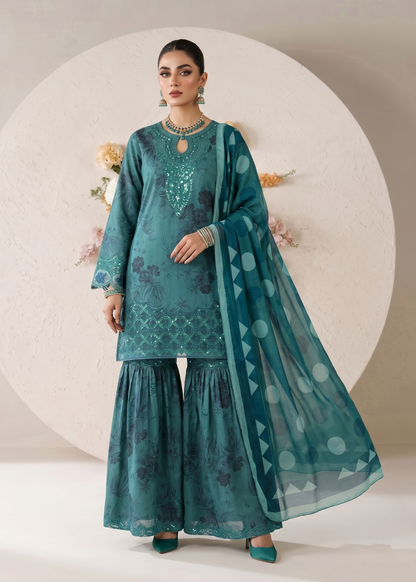 Pakistani Designer Teal Lawn Gharara Salwar Kameez Online in KSA Riyadh Saudi Arabia Oman Bahrain Qatar