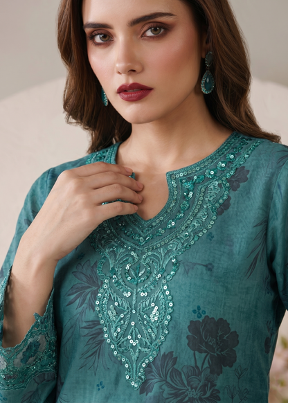 Pakistani Designer Teal Lawn Gharara Suit Online in KSA Riyadh Saudi Arabia Oman Bahrain Qatar
