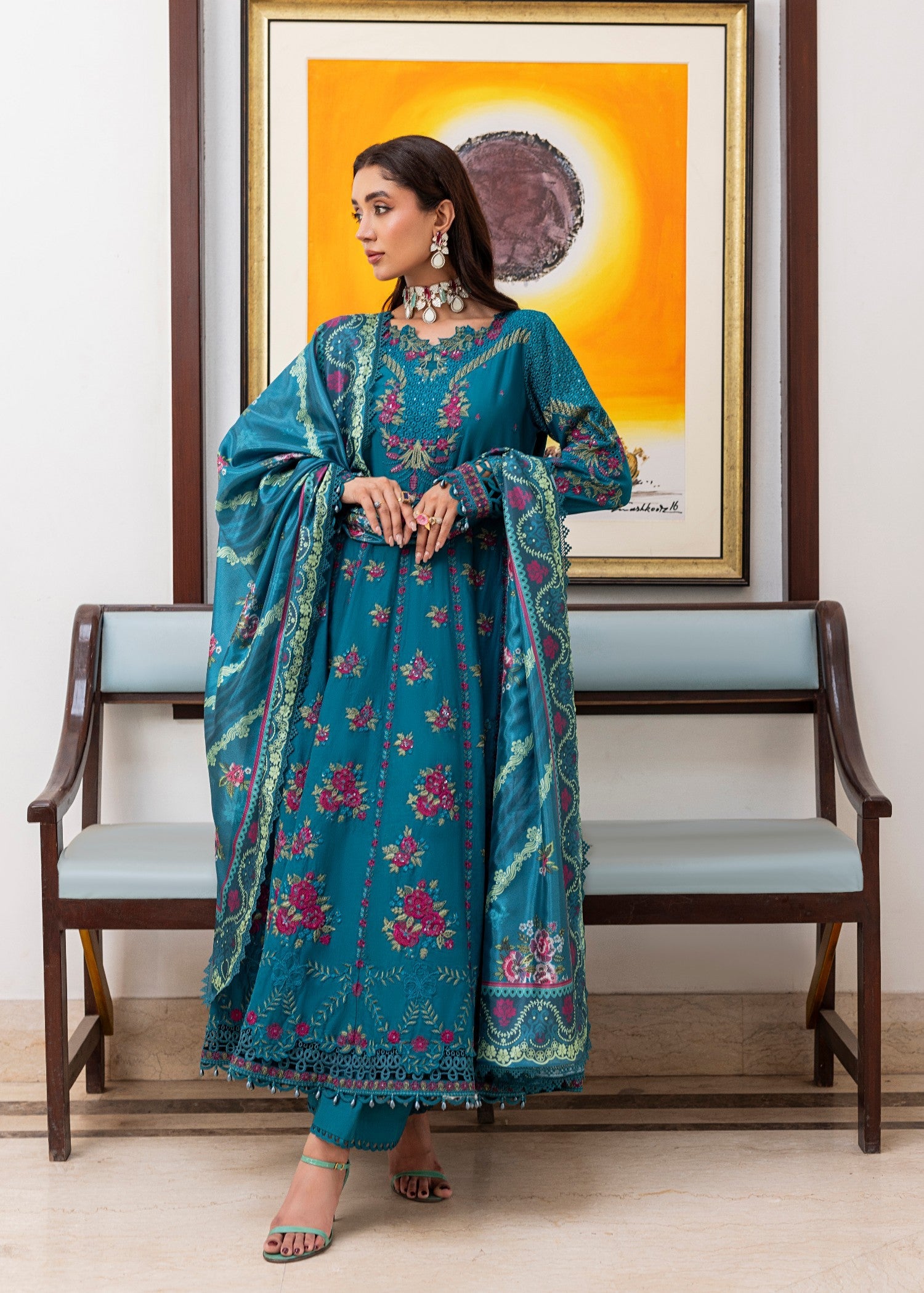 Pakistani Designer Teal Lawn Printed Salwar Kameez Online in KSA Riyadh Saudi Arabia Oman Bahrain Qatar
