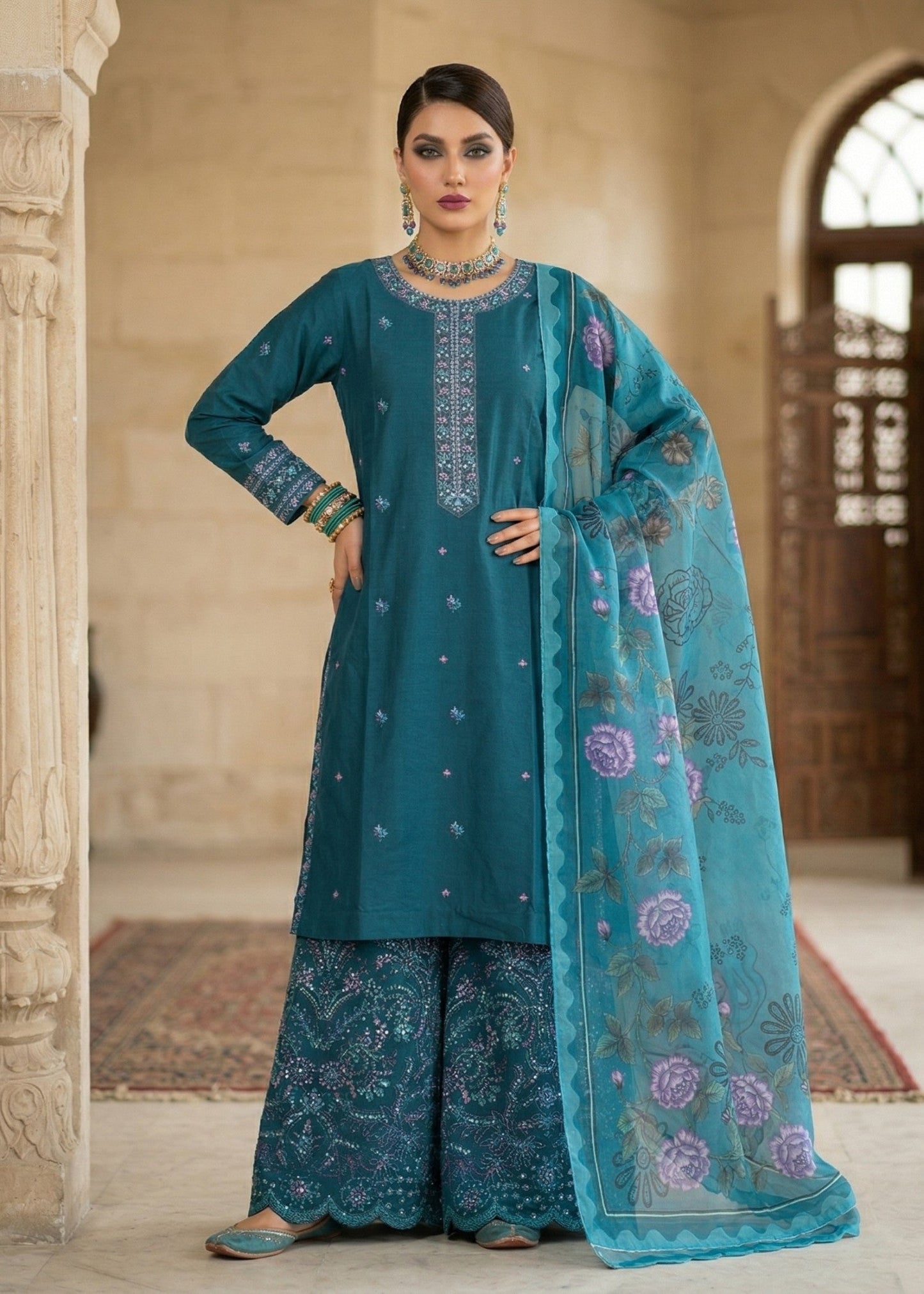 Pakistani Designer Teal Lawn Suit Online in KSA Riyadh Saudi Arabia Oman Bahrain Qatar