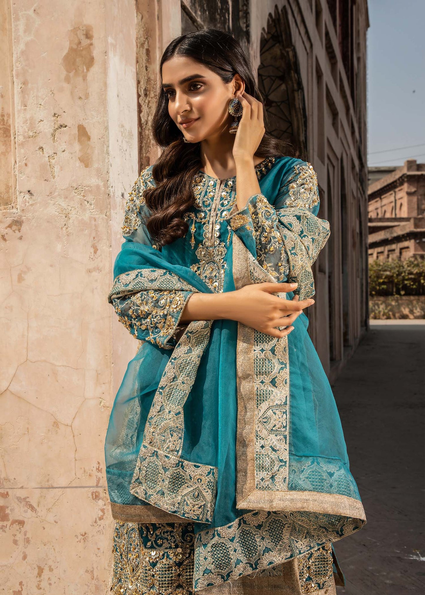 Pakistani Designer Teal Organza Embroidered Suit Online in KSA Riyadh Saudi Arabia Oman Bahrain Qatar