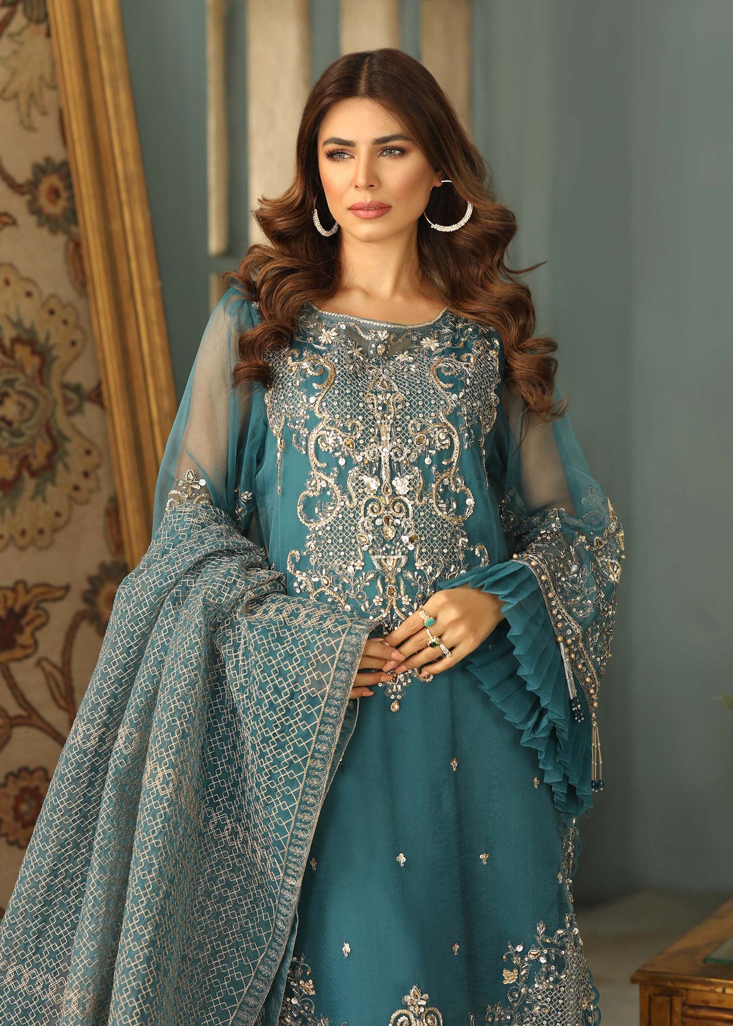 Pakistani Designer Teal Organza Salwar Kameez Online in KSA Riyadh Saudi Arabia Oman Bahrain Qatar