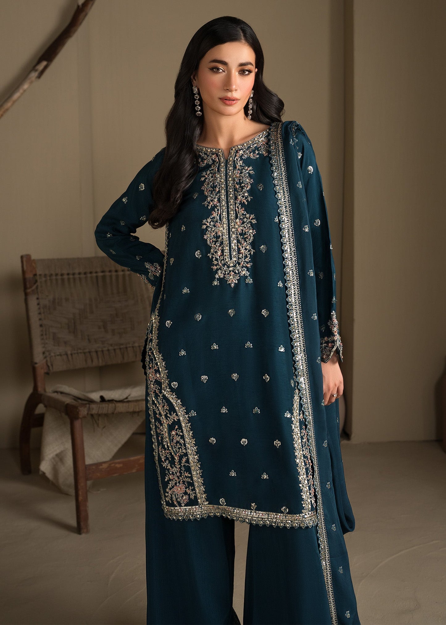 Pakistani Designer Teal Raw Silk Salwar Kameez Online in KSA Riyadh Saudi Arabia Oman Bahrain Qatar