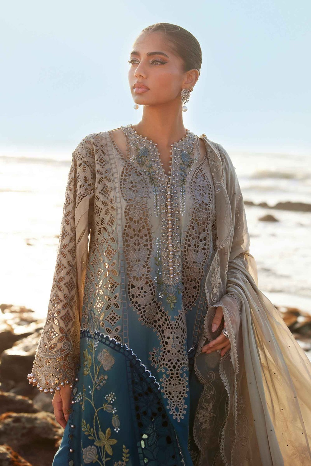 Pakistani Designer Tie-Dye Chikankari Organza Suit Online in KSA Riyadh Saudi Arabia Oman Bahrain Qatar