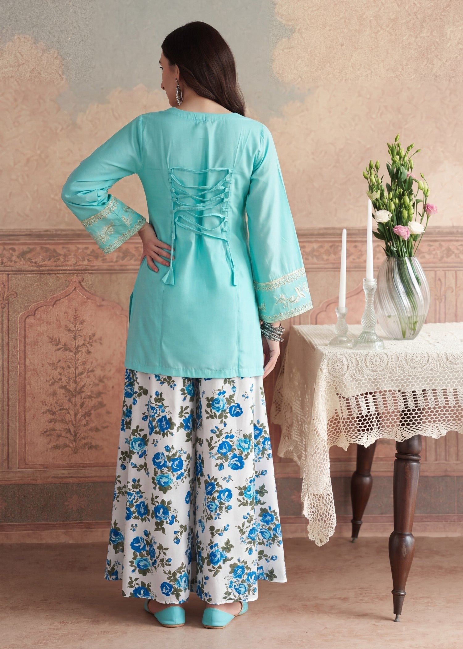 Pakistani Designer Turquoise Lawn Sharara Gharara Online in KSA Riyadh Saudi Arabia Oman Bahrain Qatar