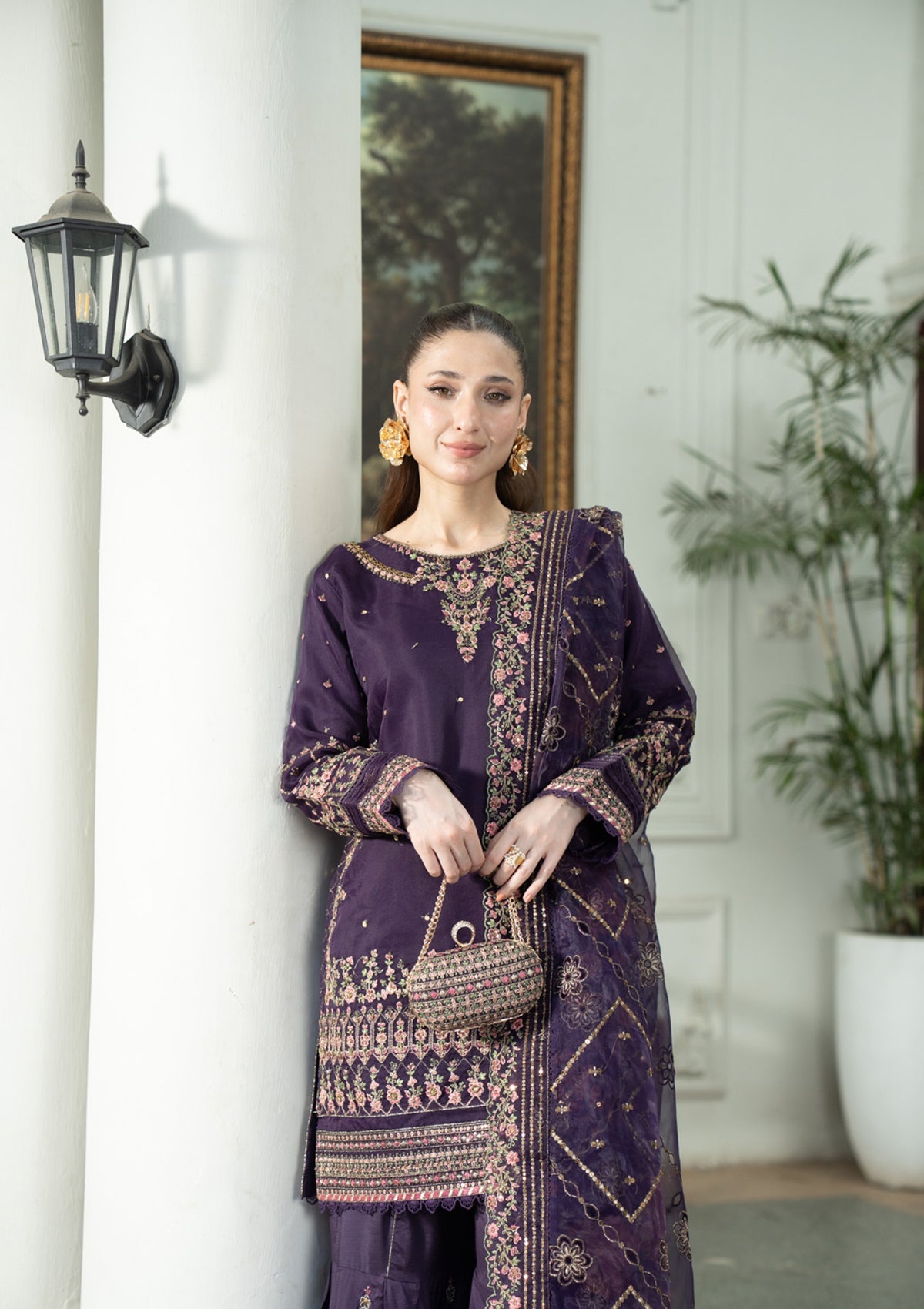 Pakistani Designer Violet Organza Sharara Gharara Online in KSA Riyadh Saudi Arabia Oman Bahrain Qatar