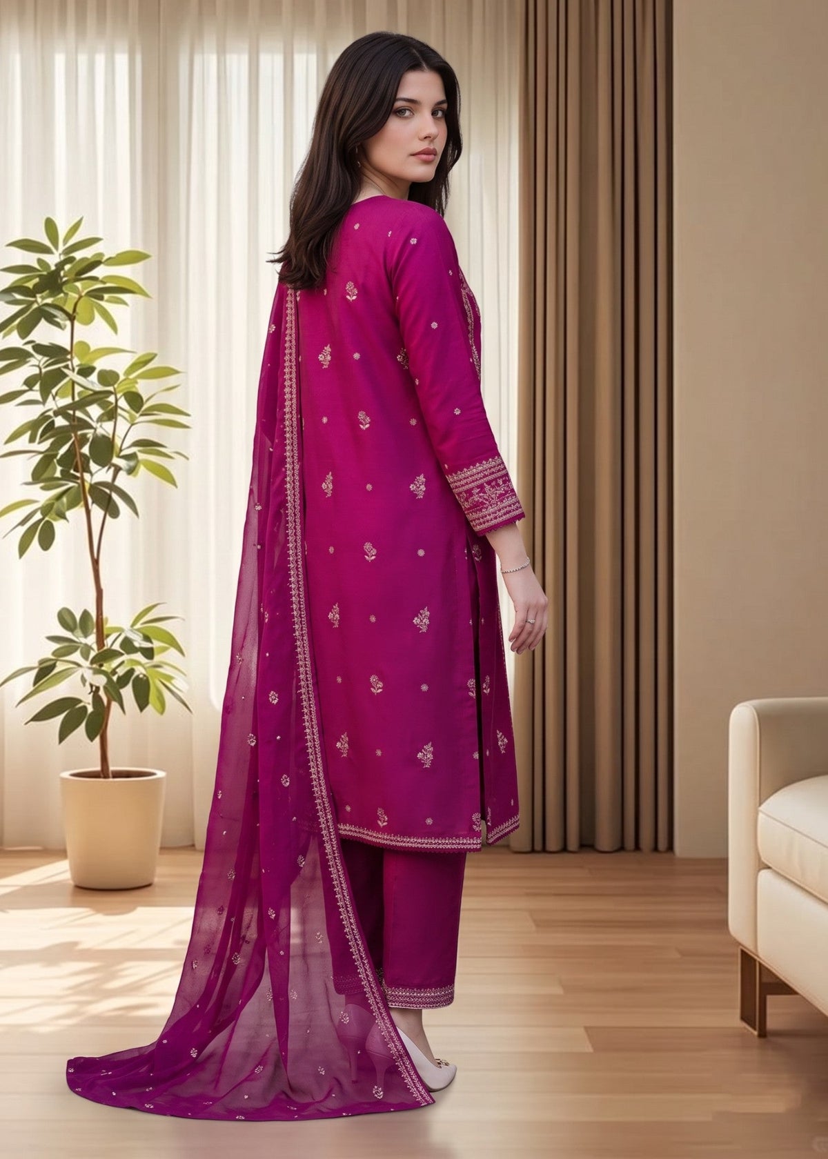 Pakistani Designer Vivid Pink Cotton Salwar Kameez Online in KSA Riyadh Saudi Arabia Oman Bahrain Qatar