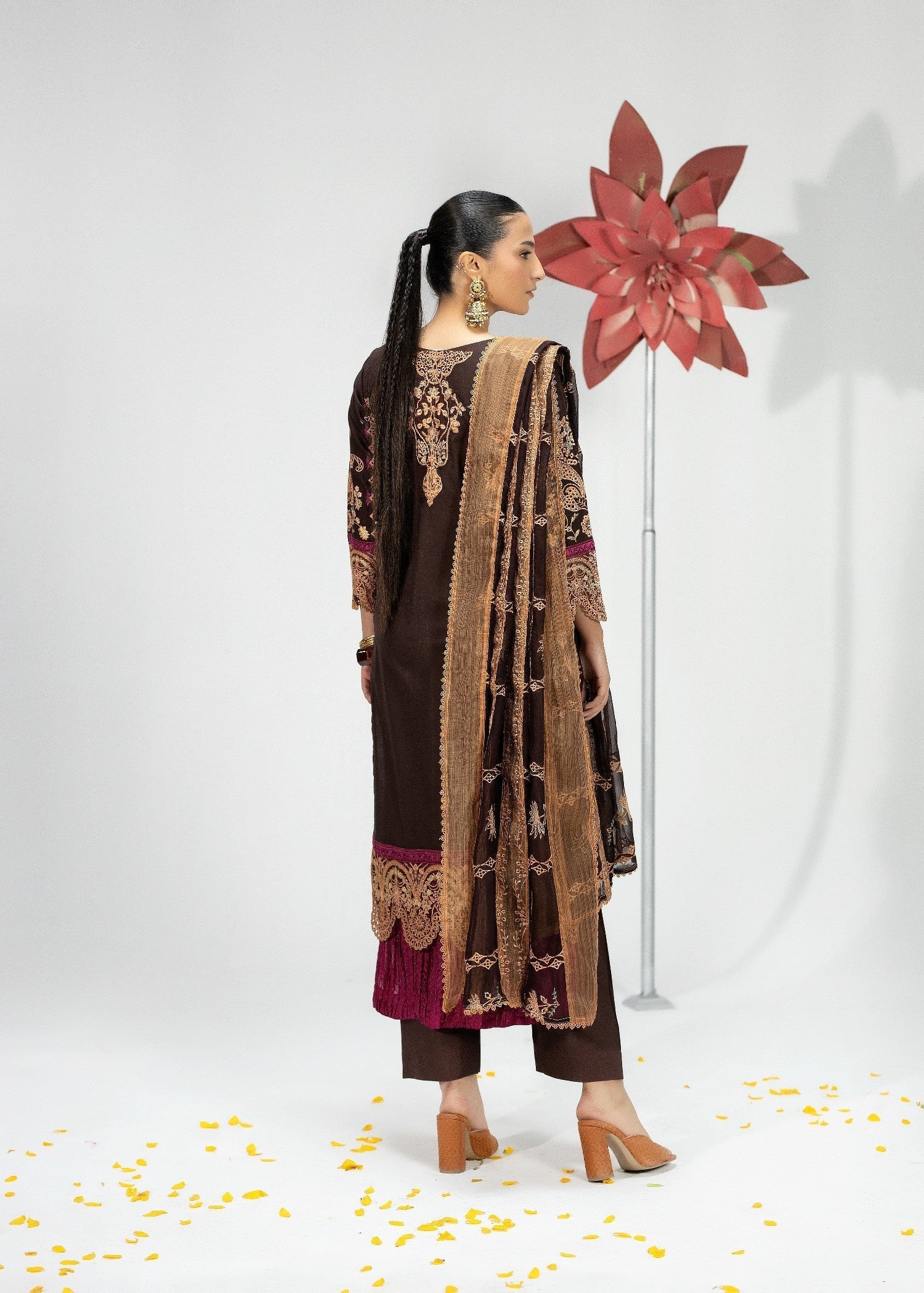 Pakistani Designer Walnut Brown Cotton Salwar Kameez Online in KSA Riyadh Saudi Arabia Oman Bahrain Qatar