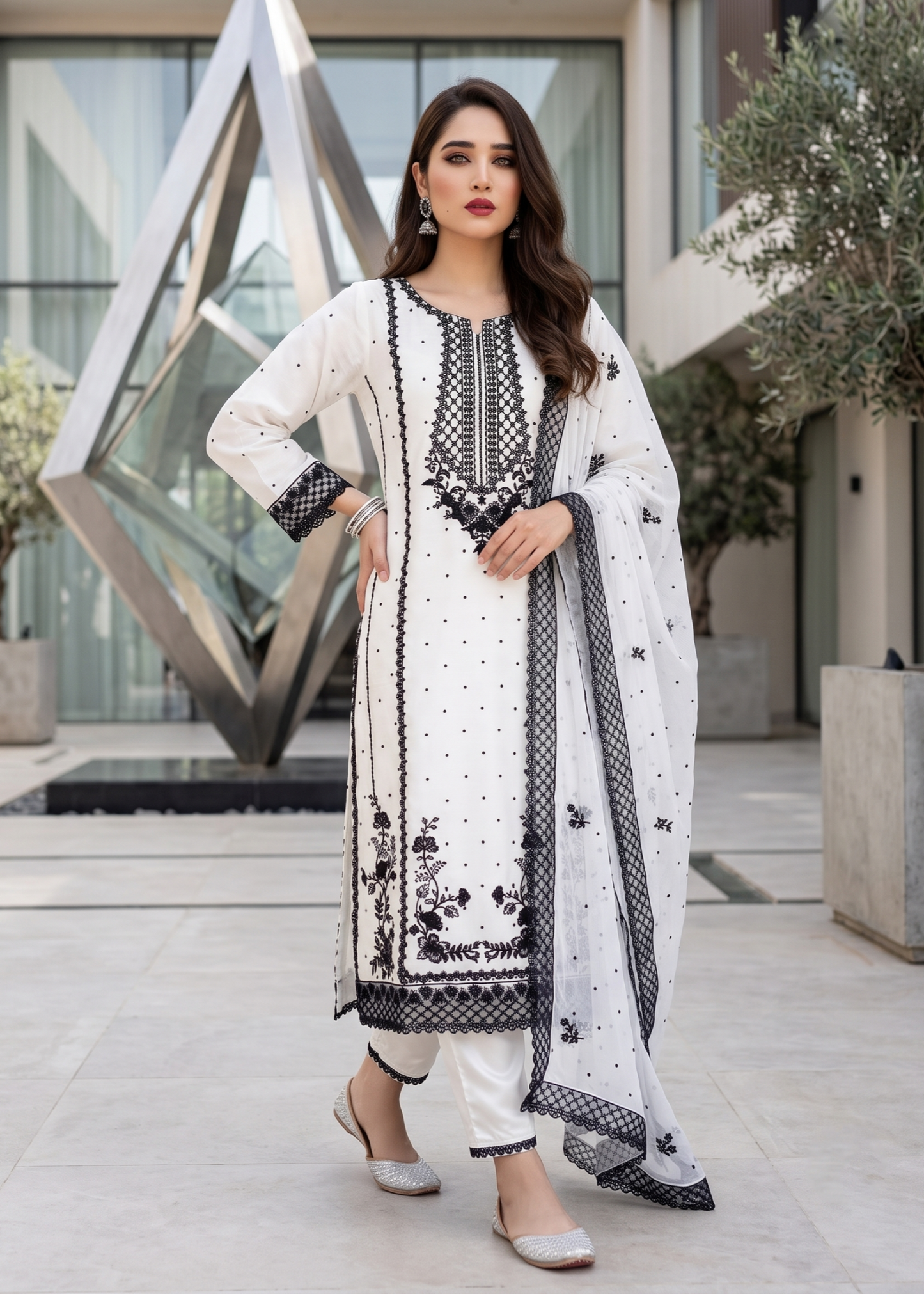 Pakistani Designer White Chiffon Embroidered Salwar Kameez Online in KSA Riyadh Saudi Arabia Oman Bahrain Qatar