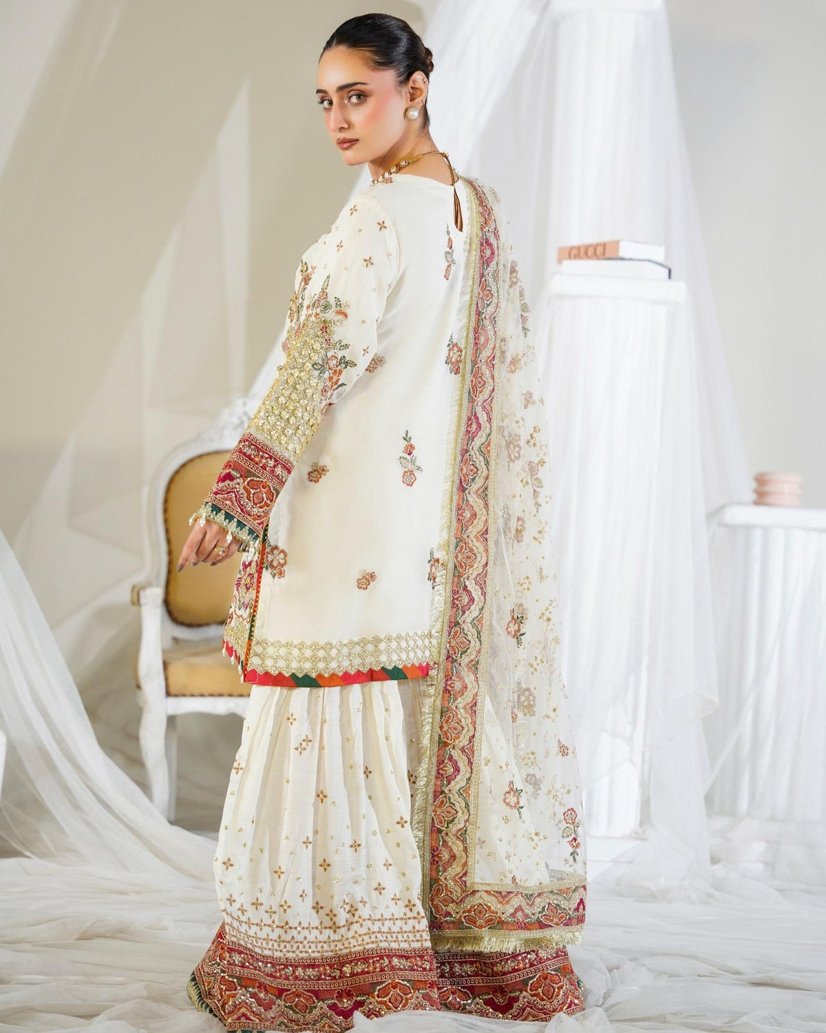 Pakistani Designer White Chiffon Garara Online in KSA Riyadh Saudi Arabia Oman Bahrain Qatar