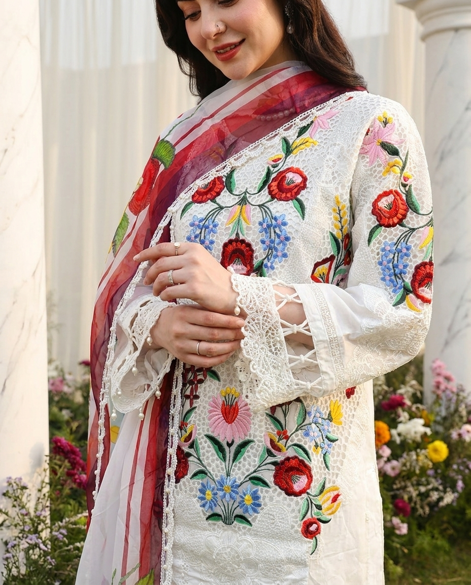 Pakistani Designer White Cotton Ready to Wear Suit Online in KSA Riyadh Saudi Arabia Oman Bahrain Qatar