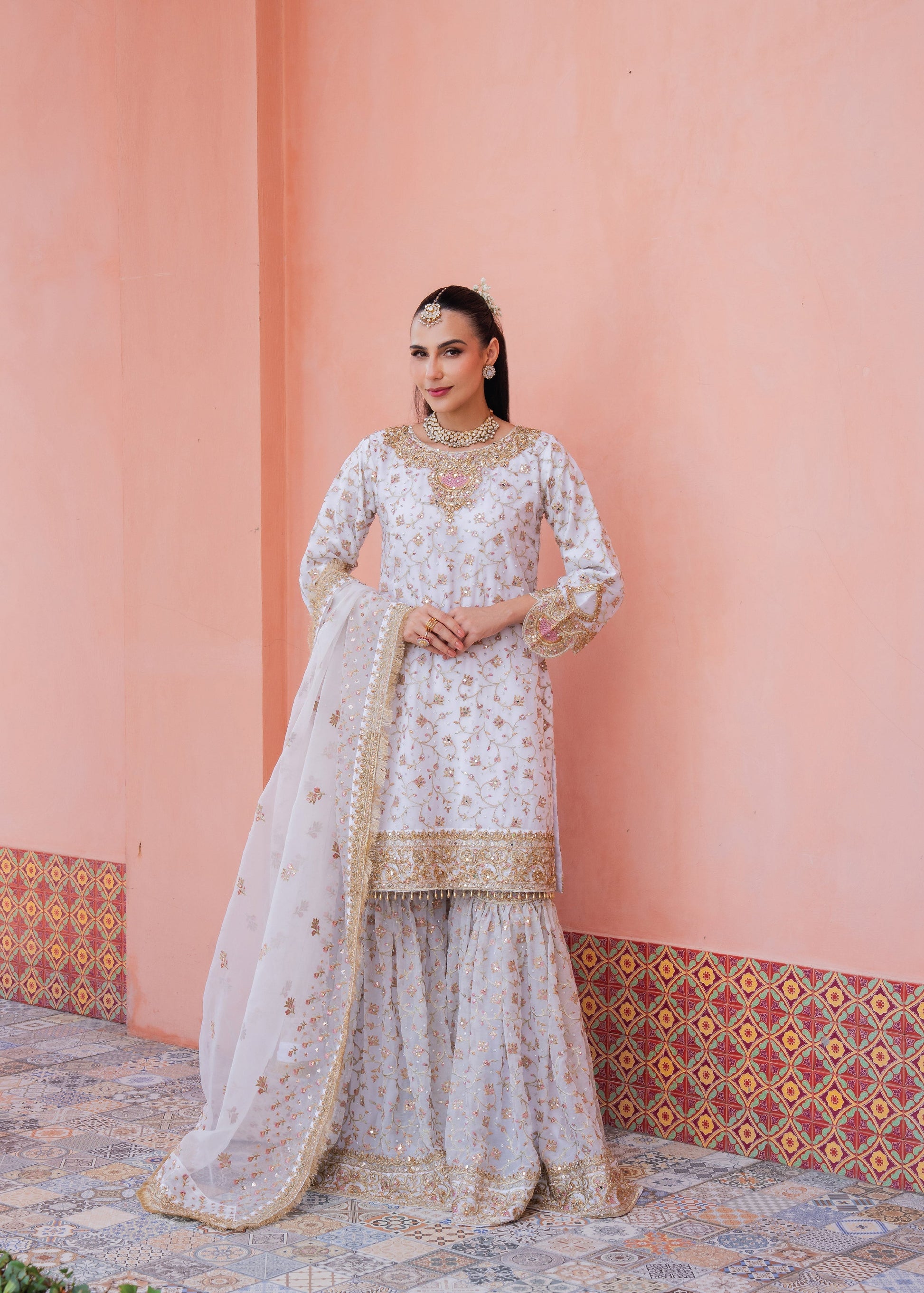 Pakistani Designer White Gold Embroidered Gharara Online in KSA Riyadh Saudi Arabia Oman Bahrain Qatar