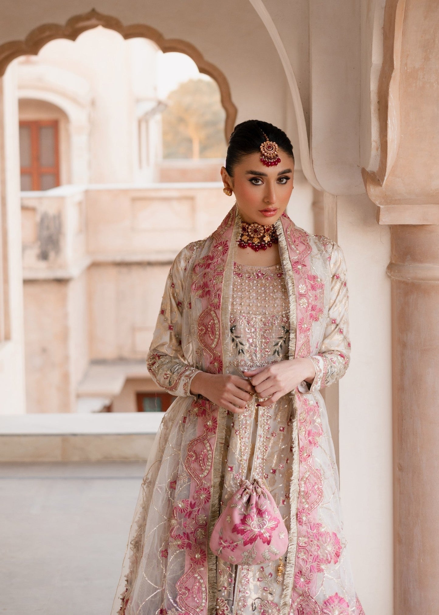Pakistani Designer White Net Wedding Pishwas Online in KSA Riyadh Saudi Arabia Oman Bahrain Qatar