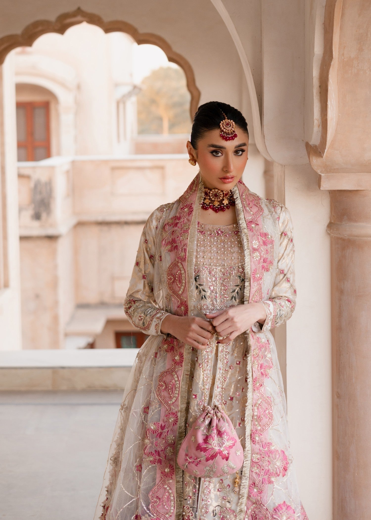 Pakistani Designer White Net Wedding Pishwas Online in KSA Riyadh Saudi Arabia Oman Bahrain Qatar