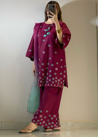 Pakistani Designer Wine Red Embroidered Lawn Suit Online in UK USA Canada