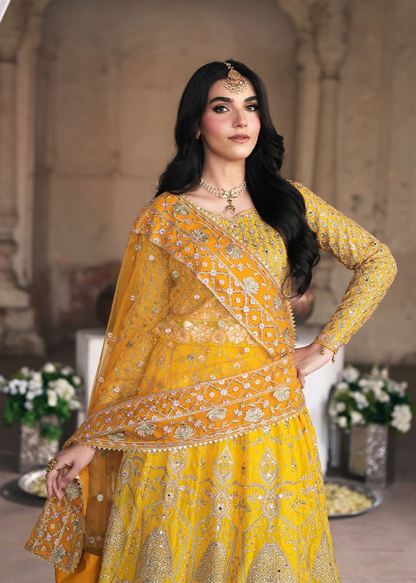 Pakistani Designer Yellow Chiffon Salwar Kameez Online in KSA Riyadh Saudi Arabia Oman Bahrain Qatar