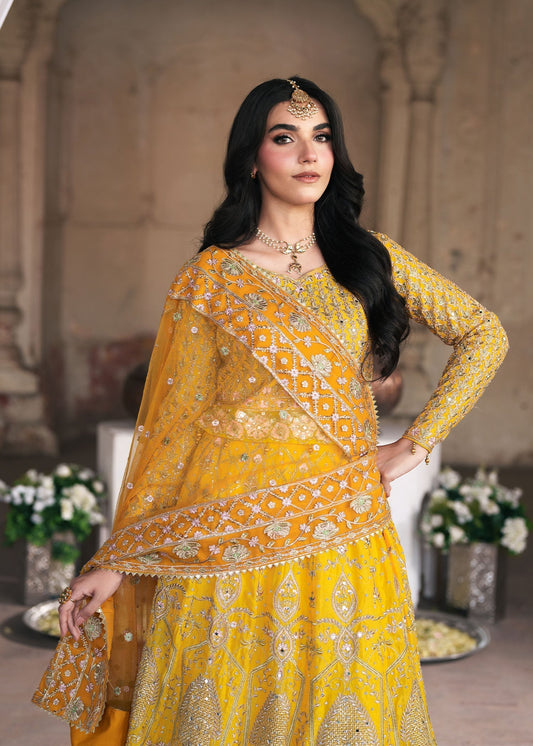 Pakistani Designer Yellow Chiffon Salwar Kameez Online in KSA Riyadh Saudi Arabia Oman Bahrain Qatar