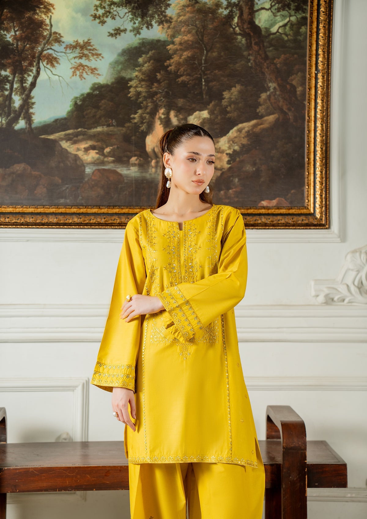 Pakistani Designer Yellow Cotton Embroidered Suit Online in KSA Riyadh Saudi Arabia Oman Bahrain Qatar