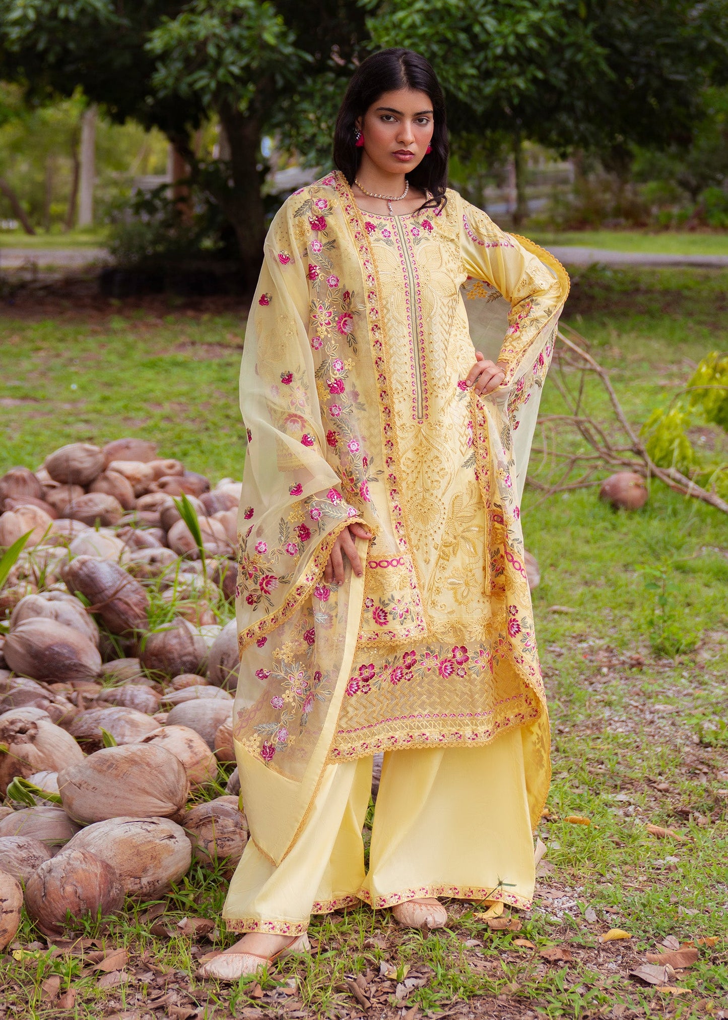 Pakistani Designer Yellow Embroidered Lawn Suit Online in KSA Riyadh Saudi Arabia Oman Bahrain Qatar
