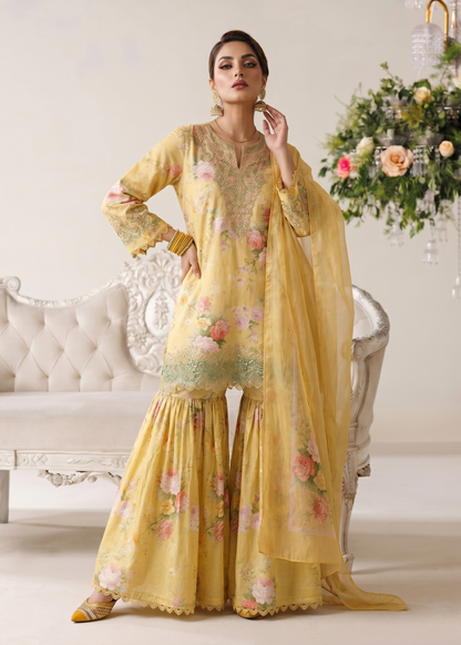 Pakistani Designer Yellow Lawn Salwar Kameez Online in KSA Riyadh Saudi Arabia Oman Bahrain Qatar