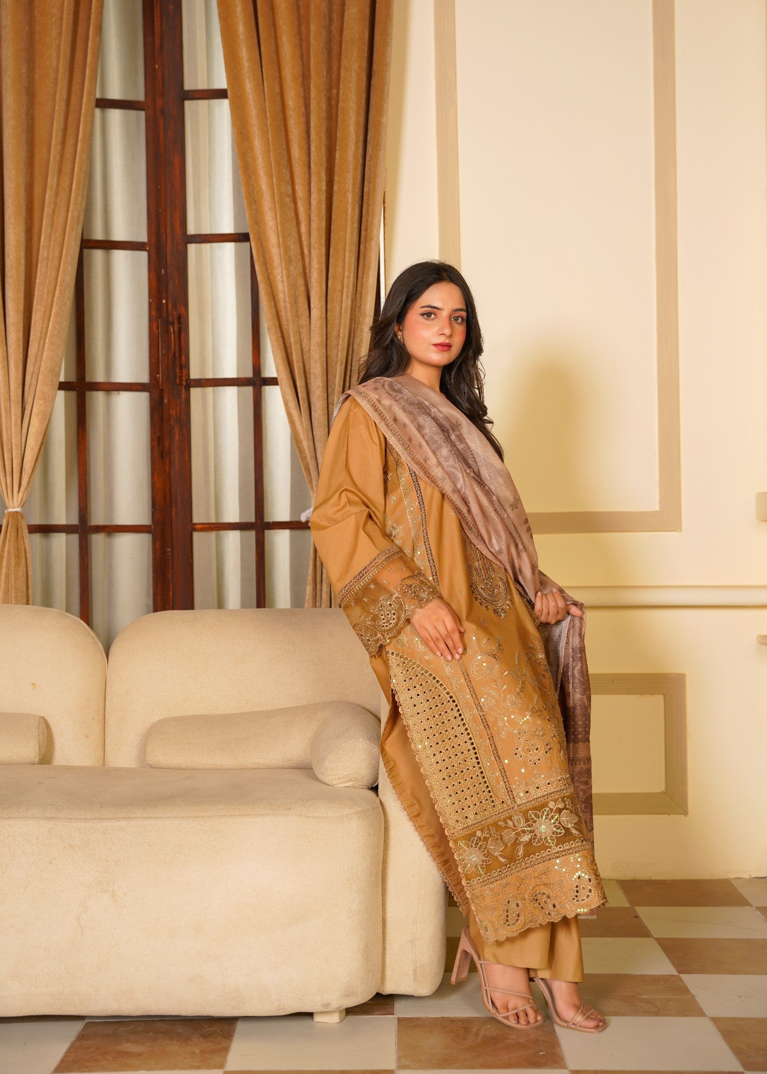 Pakistani Designer Yellow Ochre Lawn Salwar Kameez Online in KSA Riyadh Saudi Arabia Oman Bahrain Qatar