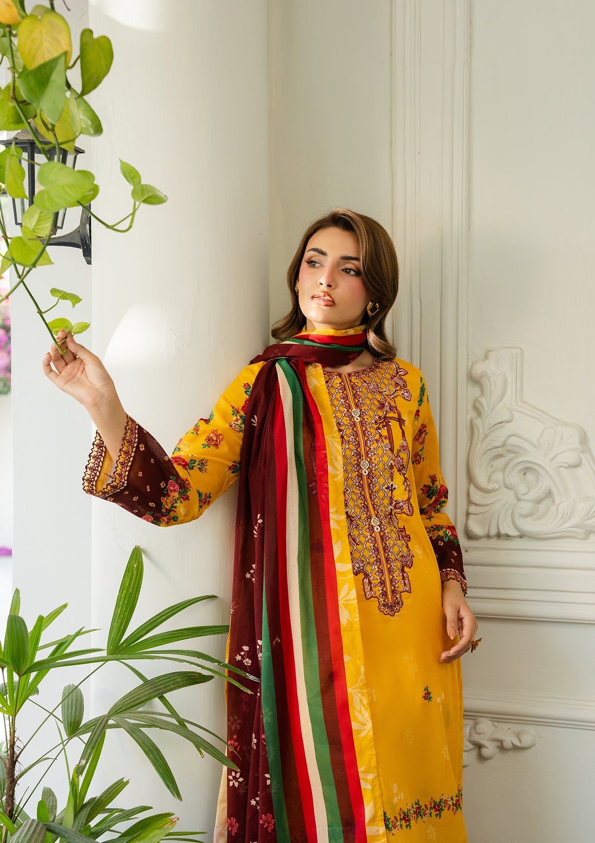 Pakistani Designer Yellow-Orange Lawn Salwar Kameez Online in KSA Riyadh Saudi Arabia Oman Bahrain Qatar