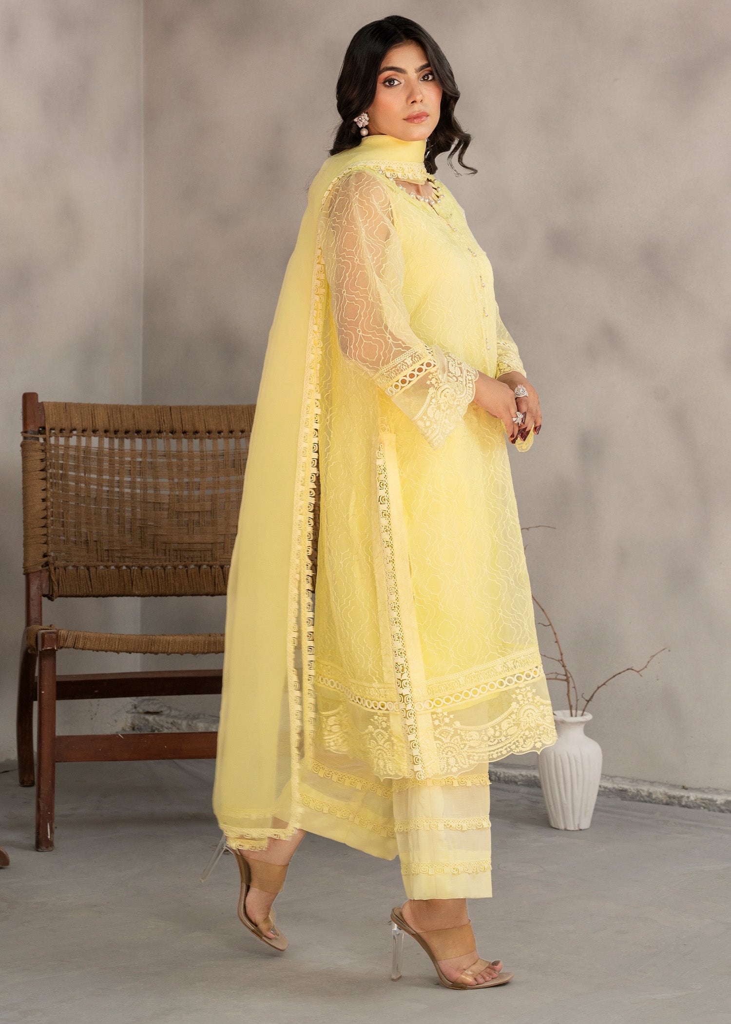 Pakistani Designer Yellow Organza Embroidered Suit Online in KSA Riyadh Saudi Arabia Oman Bahrain Qatar