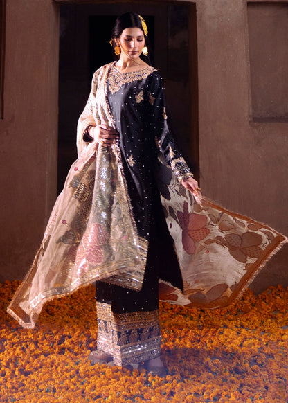 Pakistani Ebony Embroidered Charmuse Guest Wear Suit Online in KSA Riyadh Saudi Arabia Oman Bahrain Qatar