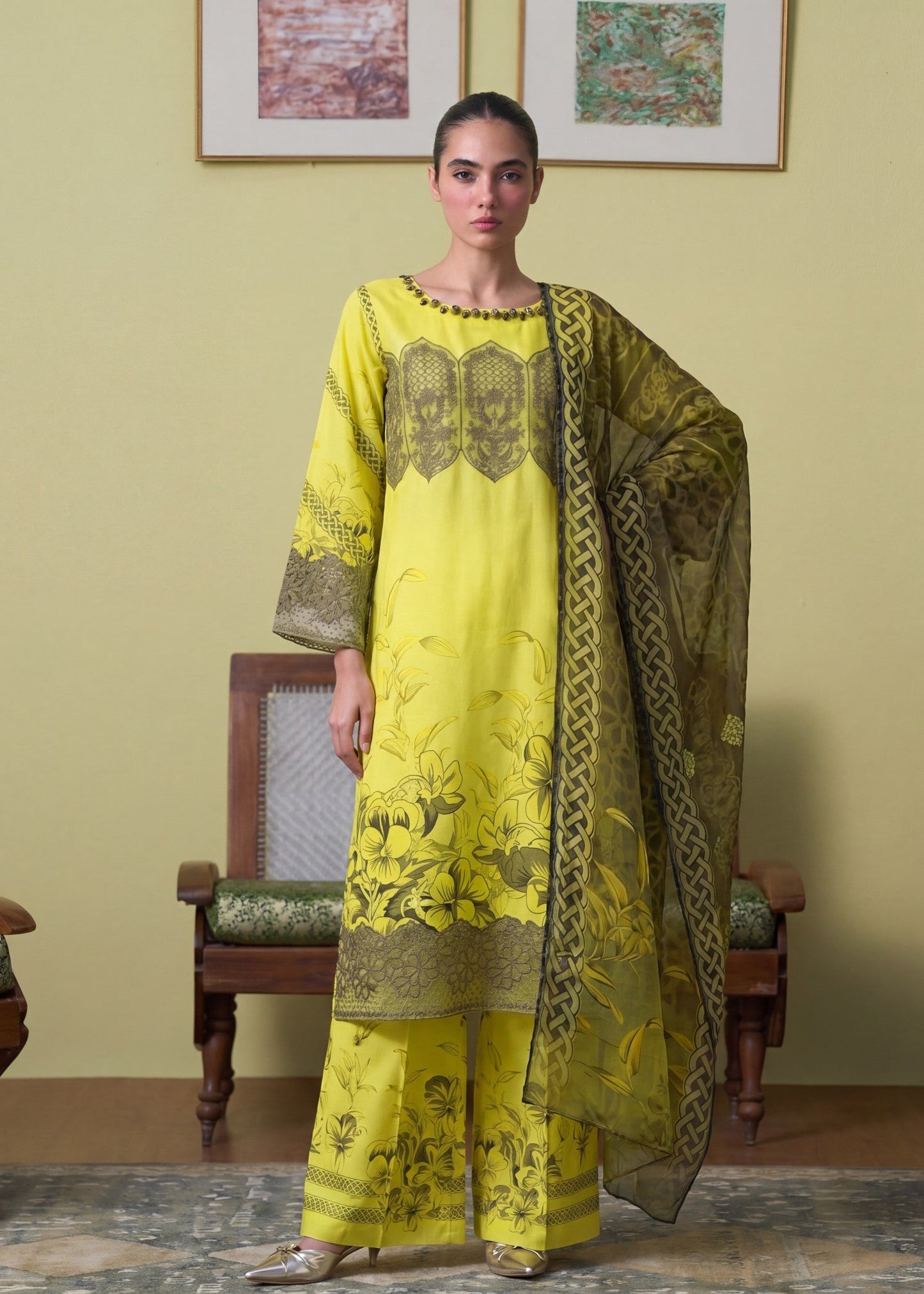 Pakistani Embellished Lemon Lawn Suit Online in KSA Riyadh Saudi Arabia Oman Bahrain Qatar