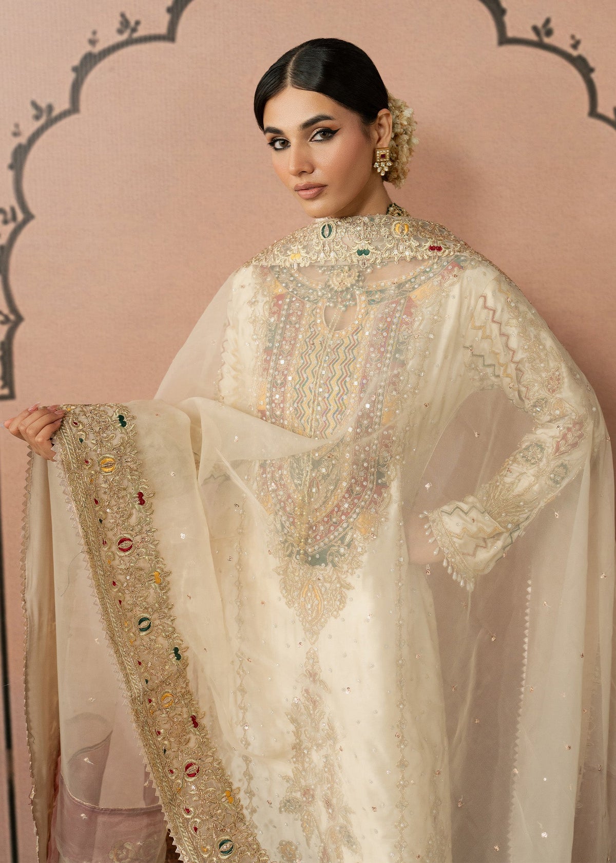 Pakistani Embellished Off-White Suit with Multicolored Motifs Online in KSA Riyadh Saudi Arabia Oman Bahrain Qatar