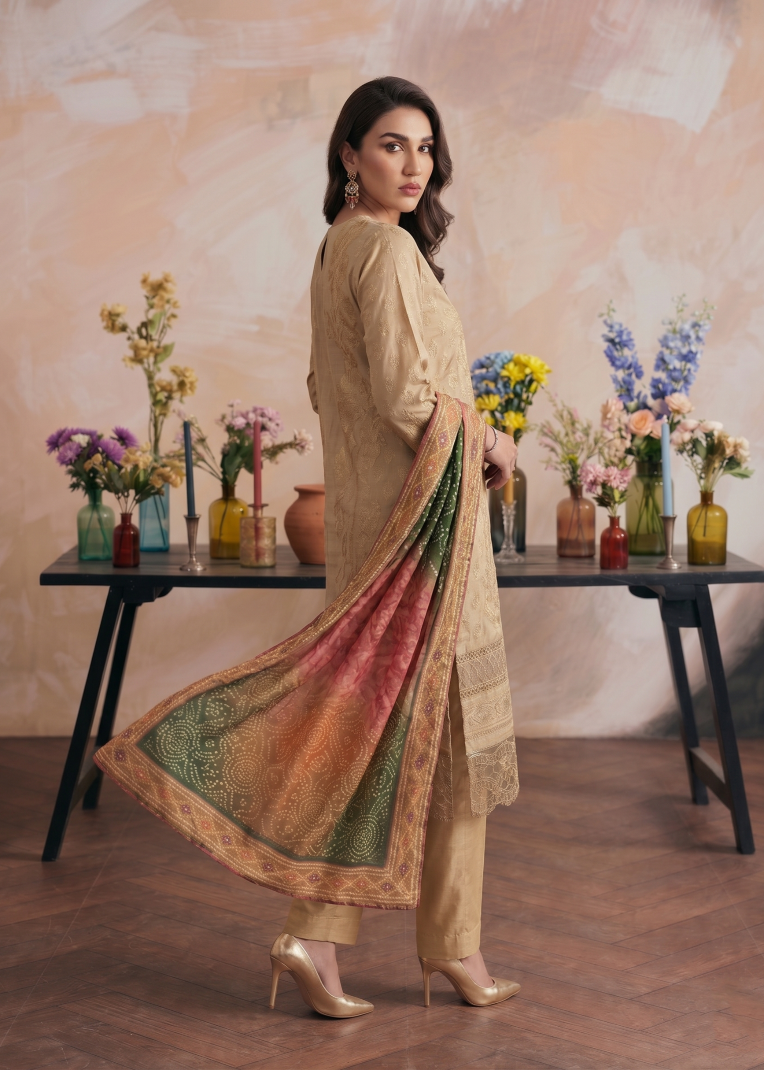 Pakistani Embroidered Beige Jacquard Dress Online in KSA Riyadh Saudi Arabia Oman Bahrain Qatar