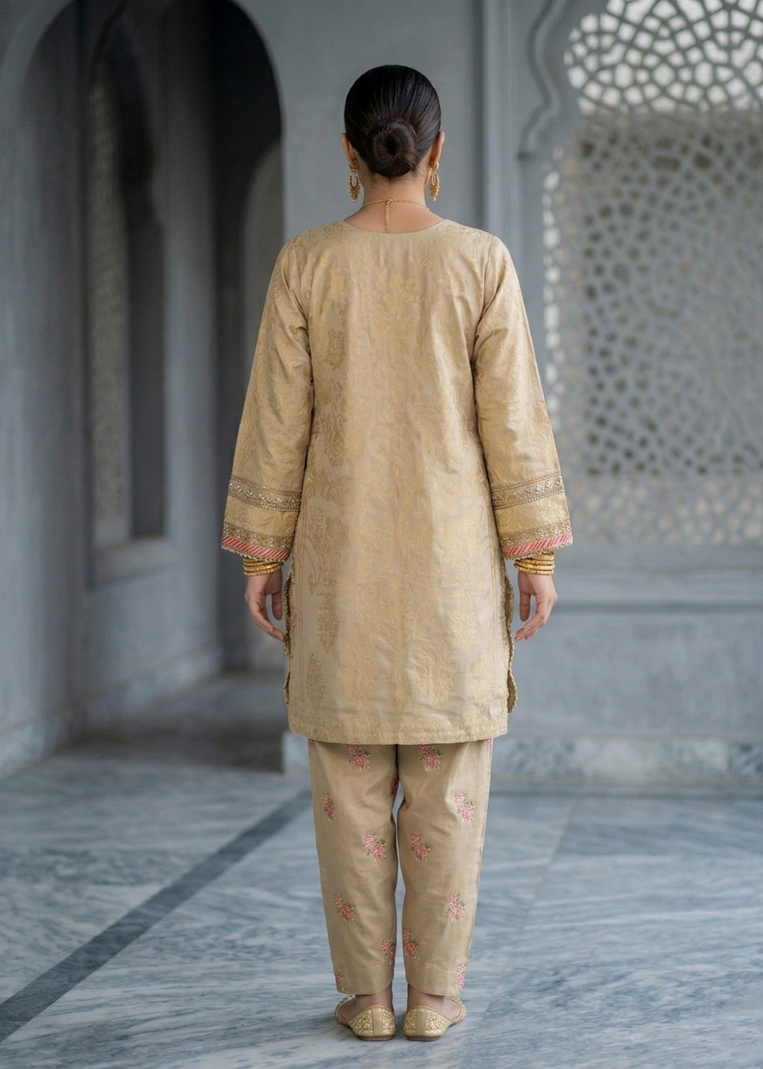 Pakistani Embroidered Beige Jacquard Three Piece Online in UK USA Canada