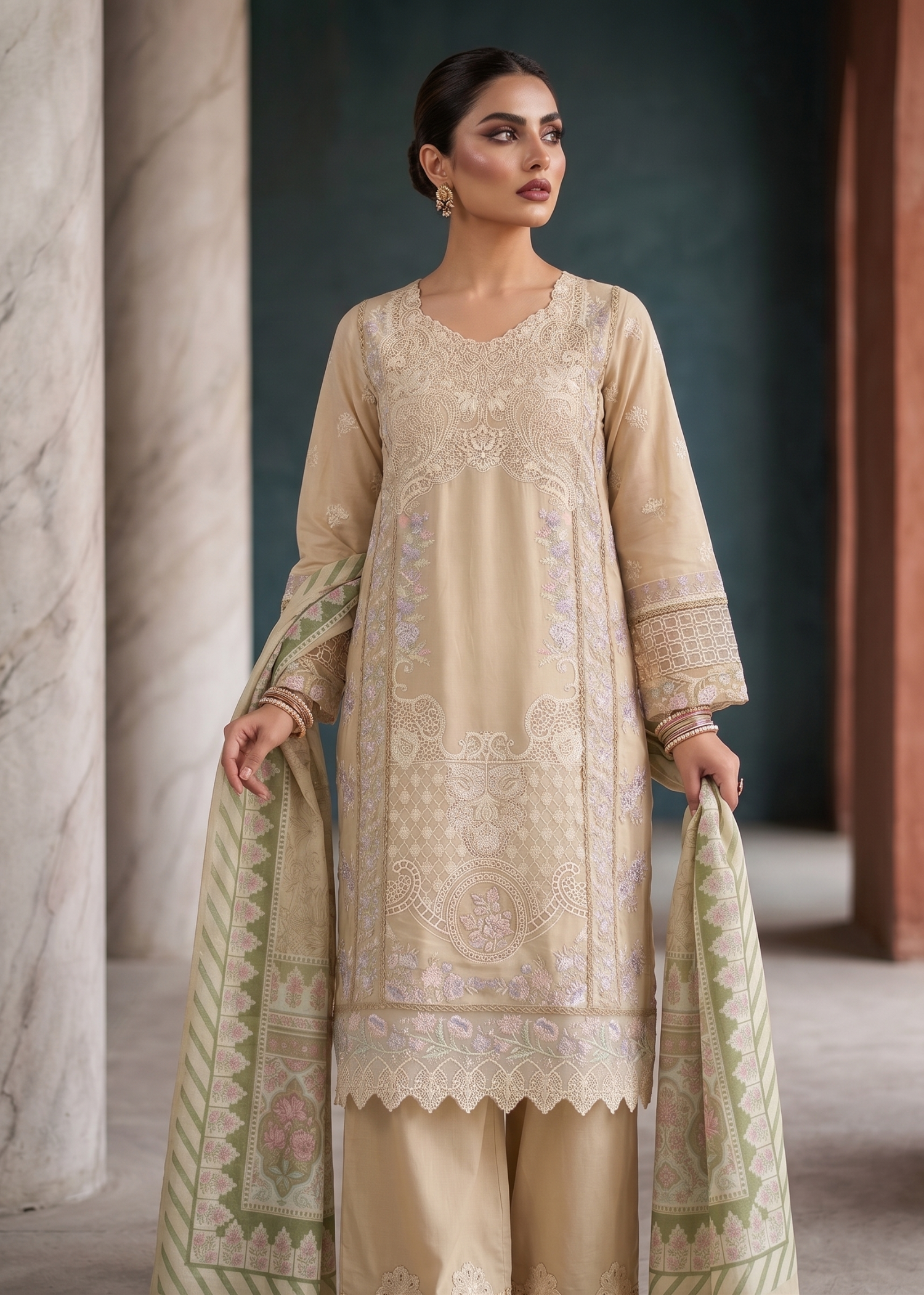 Pakistani Embroidered Beige Lawn Suit Online in KSA Riyadh Saudi Arabia Oman Bahrain Qatar