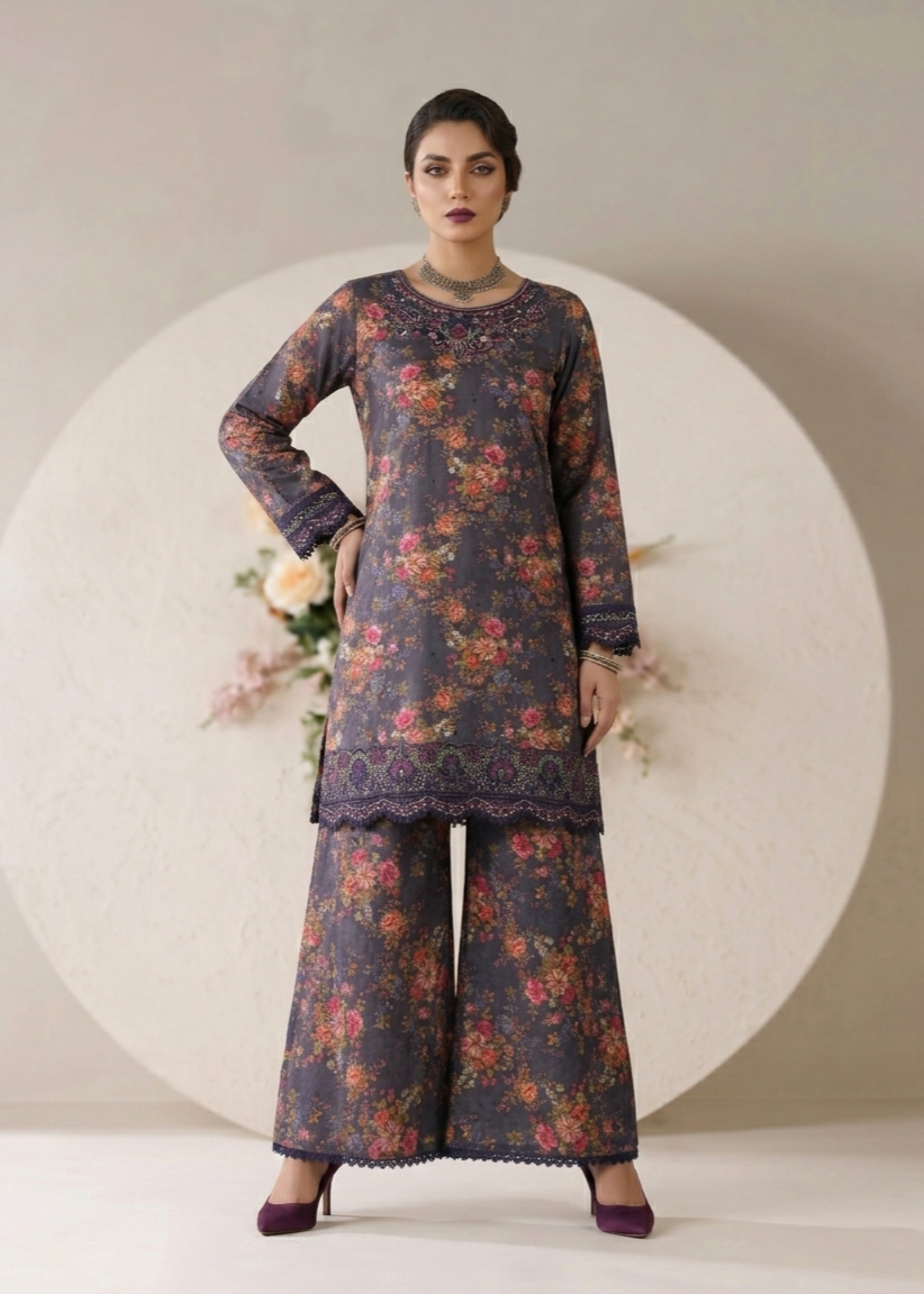 Pakistani Embroidered Charcoal Lawn Salwar Kameez Online in Dubai UAE Abudhabi Ajman Sharjah