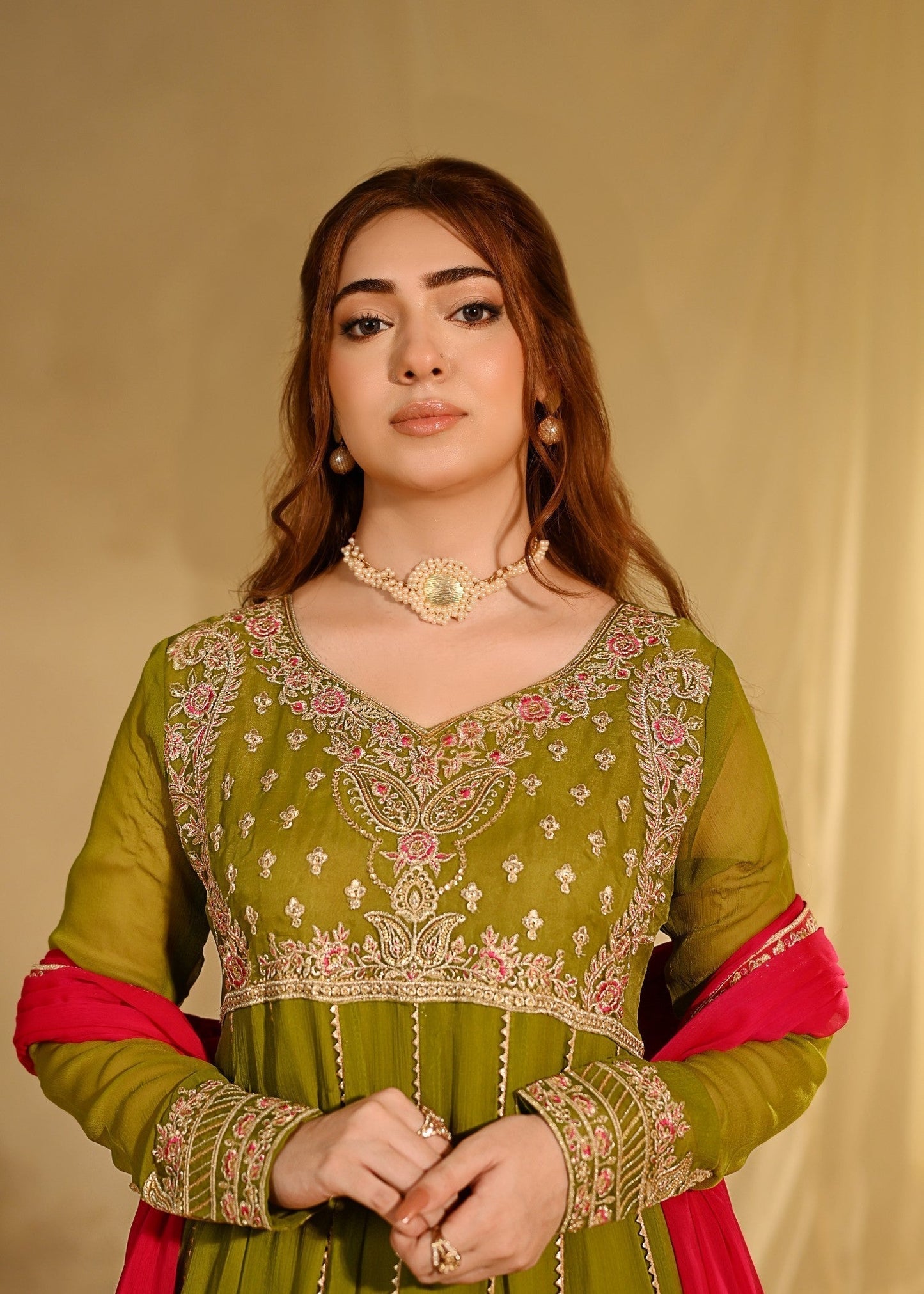 Pakistani Embroidered Chiffon Olive Green Suit Online in Sri Lanka India Australia