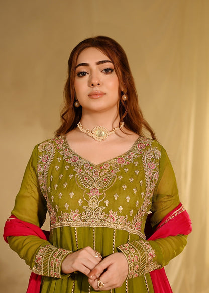 Pakistani Embroidered Chiffon Olive Green Suit Online in Sri Lanka India Australia