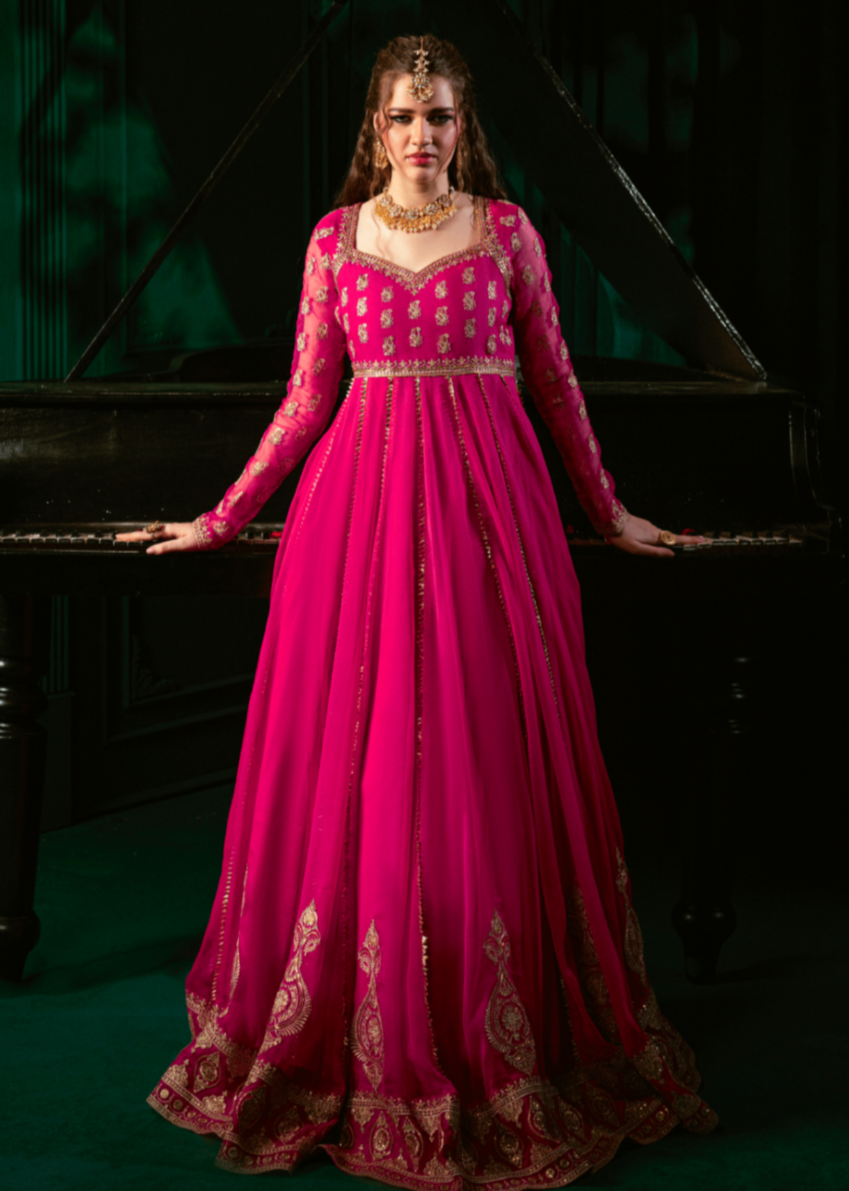 Pakistani Embroidered Chiffon Shocking Pink Partywear Suit Online in KSA Riyadh Saudi Arabia Oman Bahrain Qatar