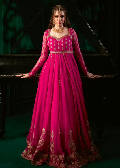 Pakistani Embroidered Chiffon Shocking Pink Partywear Suit Online in KSA Riyadh Saudi Arabia Oman Bahrain Qatar
