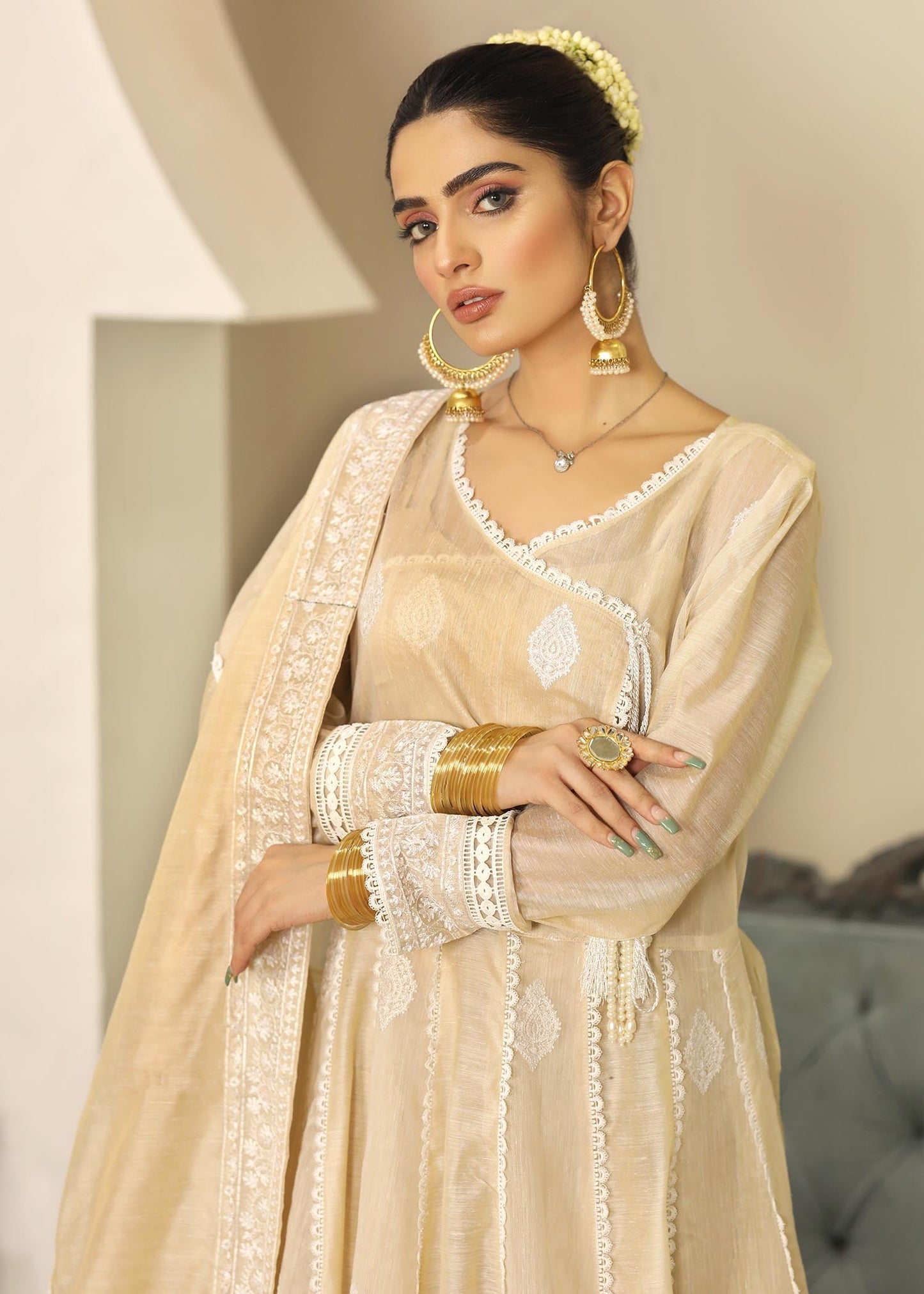 Pakistani Embroidered Cotton Angrakha Gown Online in KSA Riyadh Saudi Arabia Oman Bahrain Qatar