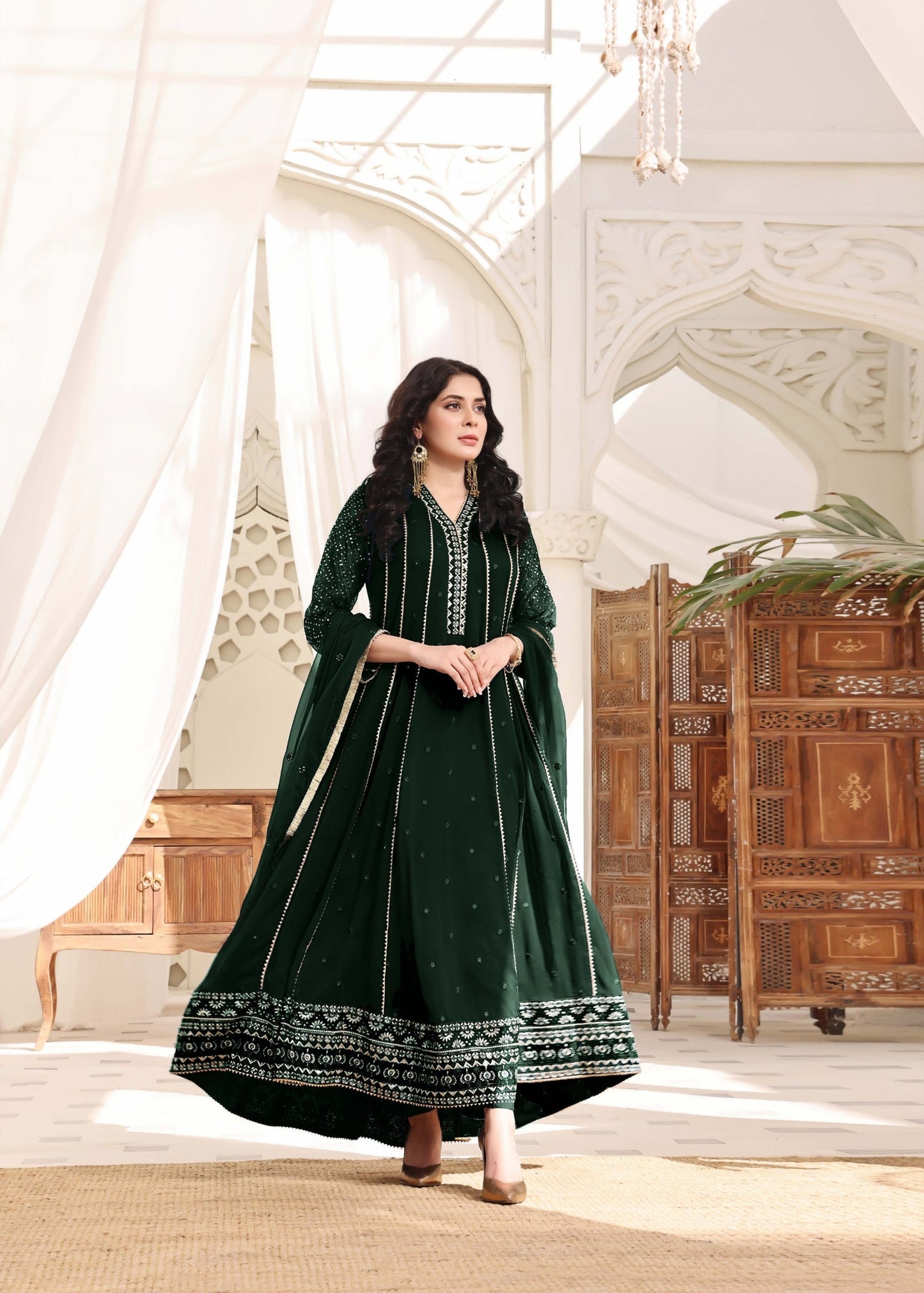 Pakistani Embroidered Dark Green Chiffon Maxi Dress Online in Dubai UAE Abudhabi Ajman Sharjah